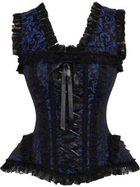 LIMITED EDITION Top Drawer Blue/Black Swirl Brocade & Lace Steel Boned Corset w/Cap Sleeves — Pleasure Zone Houston