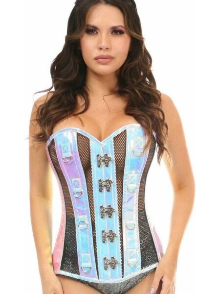 Top Drawer Blue/Purple Holo & Black Fishnet Steel Boned Over Bust Corset — Pleasure Zone Houston