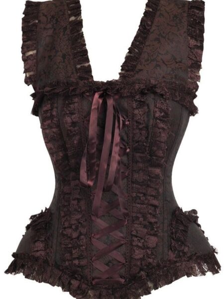 LIMITED EDITION Top Drawer Brown Swirl Brocade & Lace Steel Boned Corset w/Cap Sleeves — Pleasure Zone Houston