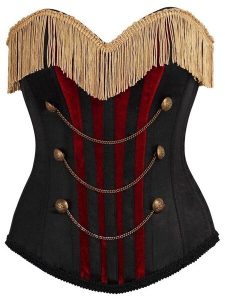Top Drawer Burlesque Black/Dark Red Steel Boned Corset w/Gold Fringe — Pleasure Zone Houston