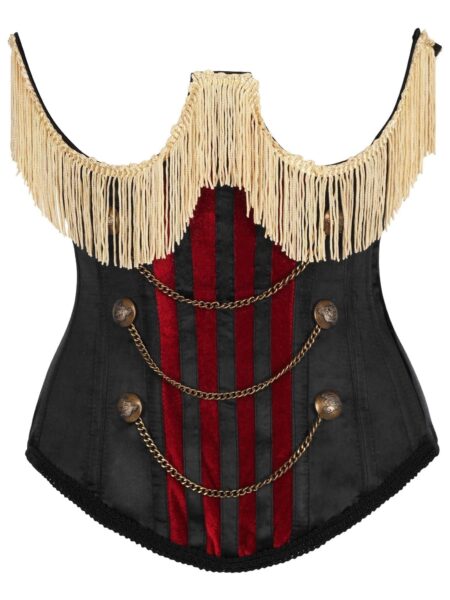 Top Drawer Burlesque Underbust Black/Dark Red Steel Boned Corset w/Gold Fringe