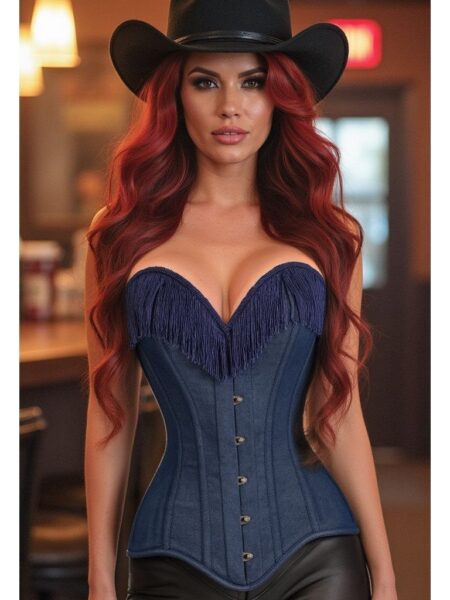 LIMITED EDITION Top Drawer Dark Blue Denim Steel Boned Overbust Corset w/Fringe