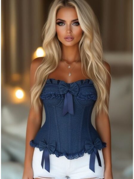 LIMITED EDITION Top Drawer Dark Blue Denim Underwire Steel Boned Burlesque Corset w/Bows