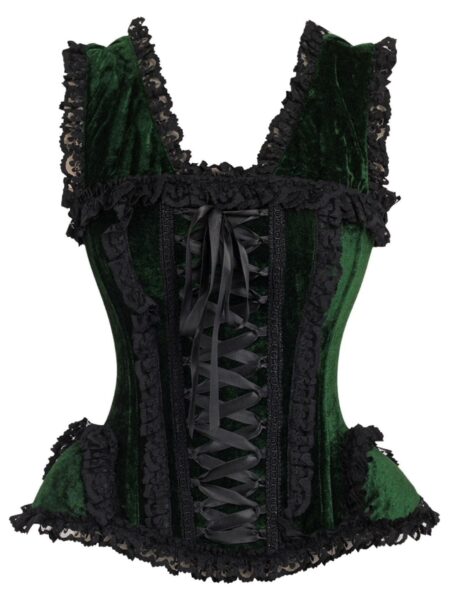 LIMITED EDITION Top Drawer Dark Green Velvet & Lace Steel Boned Corset w/Cap Sleeves — Pleasure Zone Houston