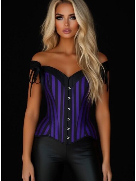 Top Drawer Dark Purple/Black Striped Steel Boned Corset w/Straps