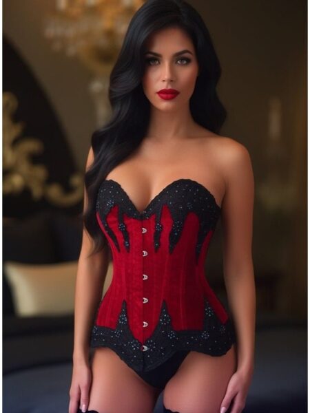 Top Drawer Dark Red Velvet & Beaded Steel Boned Overbust Corset