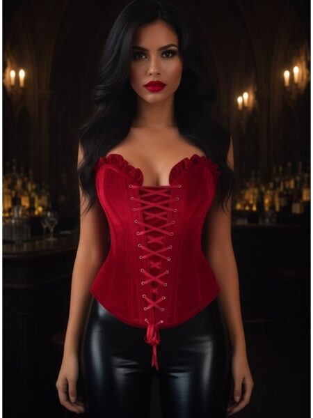 Top Drawer Dark Red Velvet Lace-Up Steel Boned Overbust Corset
