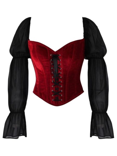 LIMITED EDITION Top Drawer Dark Red Velvet Steel Boned Corset w/Sleeves — Pleasure Zone Houston