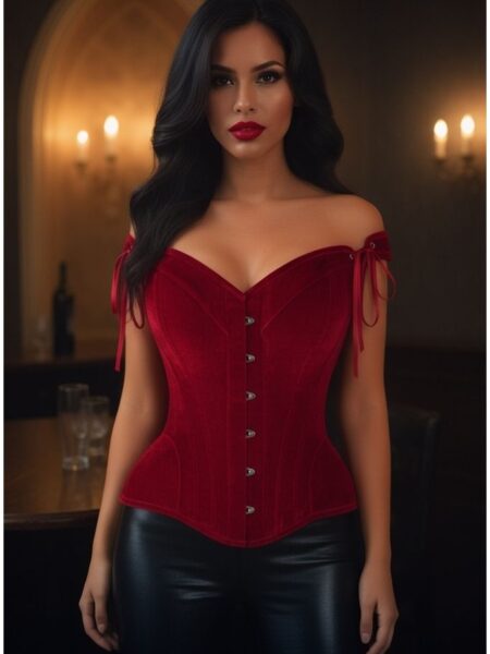 Top Drawer Dark Red Velvet Steel Boned Corset w/Straps
