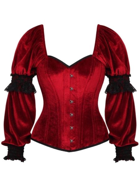 LIMITED EDITION Top Drawer Dark Red Velvet Steel Boned Long Sleeve Corset — Pleasure Zone Houston