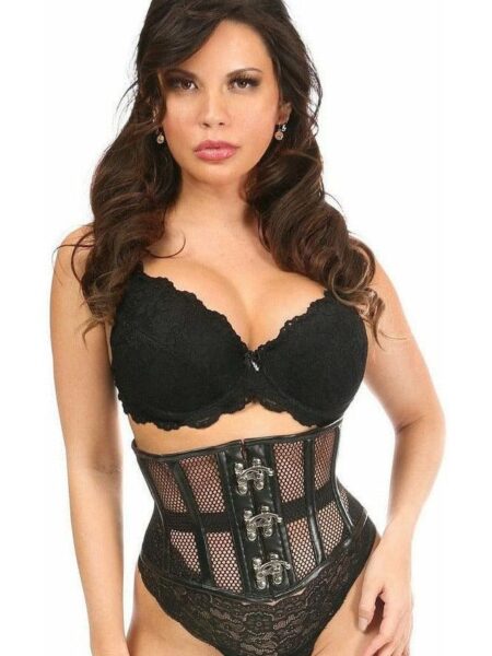 Top Drawer Fishnet & Faux Leather Steel Boned Mini Cincher w/Clasps — Pleasure Zone Houston