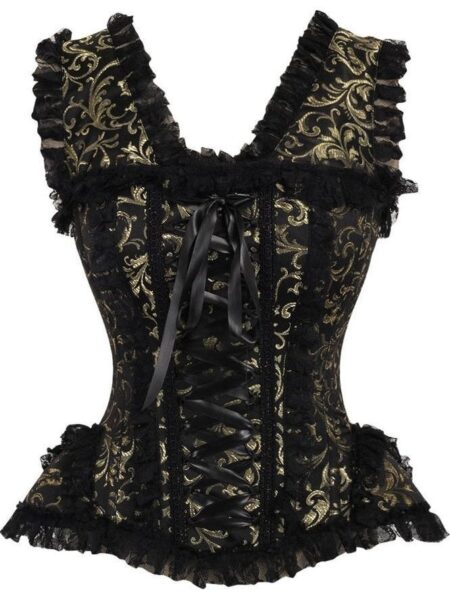 LIMITED EDITION Top Drawer Gold/Black Swirl Brocade & Lace Steel Boned Corset w/Cap Sleeves — Pleasure Zone Houston