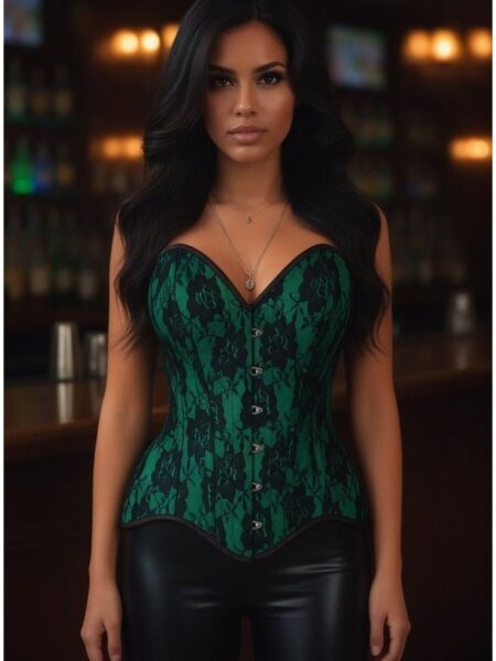 Top Drawer Green Satin w/Black Lace Overlay Steel Boned Overbust Corset