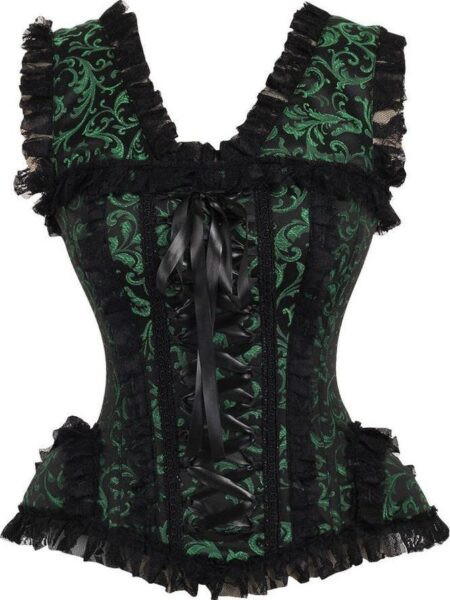 LIMITED EDITION Top Drawer Green/Black Swirl Brocade & Lace Steel Boned Corset w/Cap Sleeves — Pleasure Zone Houston