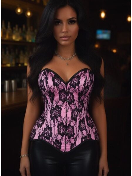 Top Drawer Pink Satin w/Black Lace Overlay Steel Boned Overbust Corset