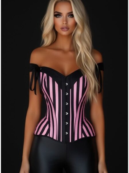 Top Drawer Pink/Black Striped Steel Boned Corset w/Straps