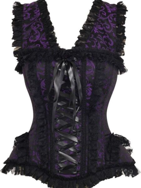 LIMITED EDITION Top Drawer Purple/Black Swirl Brocade & Lace Steel Boned Corset w/Cap Sleeves — Pleasure Zone Houston