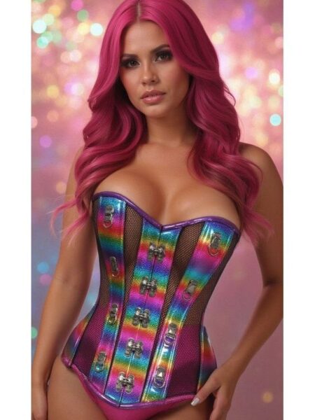 Top Drawer Rainbow Glitter PVC & Black Fishnet Steel Boned Over Bust Corset — Pleasure Zone Houston