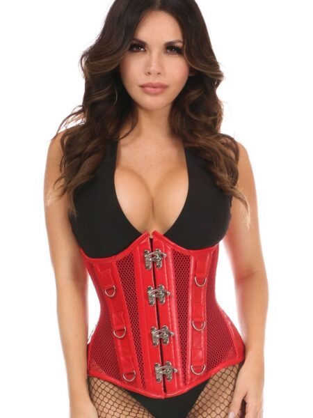 Top Drawer Red Faux Leather & Fishnet Steel Boned Under Bust Corset — Pleasure Zone Houston