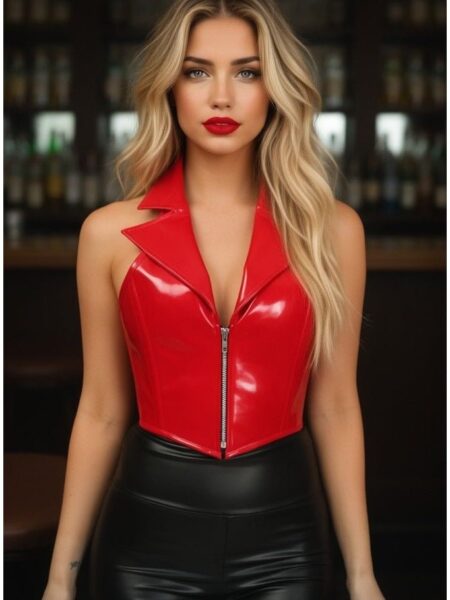 Top Drawer Red Patent Steel Boned Collared Bustier Top — Pleasure Zone Houston