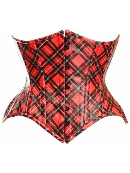 Top Drawer Red Plaid Faux Leather Double Steel Boned Curvy Cut Waist Cincher Corset — Pleasure Zone Houston