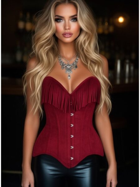 LIMITED EDITION Top Drawer Red Suede Steel Boned Overbust Corset w/Fringe
