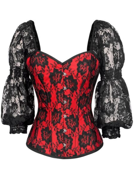 LIMITED EDITION Top Drawer Red w/Black Lace Steel Boned Long Sleeve Corset — Pleasure Zone Houston
