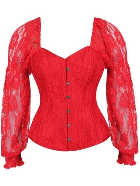 LIMITED EDITION Top Drawer Red w/Red Lace Steel Boned Long Sleeve Corset — Pleasure Zone Houston