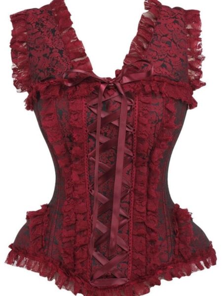 LIMITED EDITION Top Drawer Red/Black Brocade & Lace Steel Boned Corset w/Cap Sleeves — Pleasure Zone Houston
