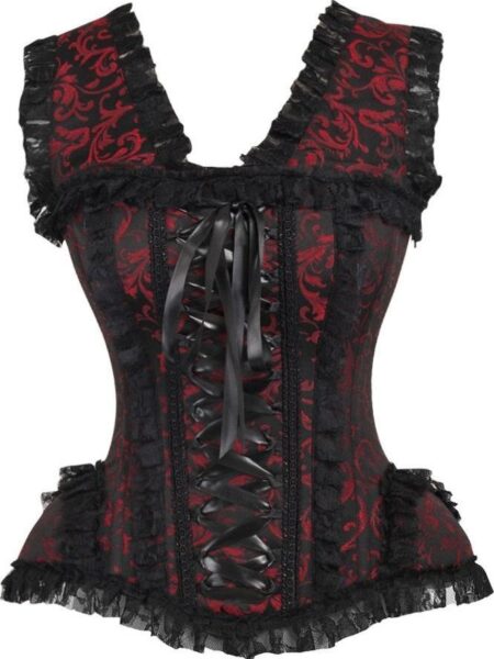 LIMITED EDITION Top Drawer Red/Black Swirl Brocade & Lace Steel Boned Corset w/Cap Sleeves — Pleasure Zone Houston