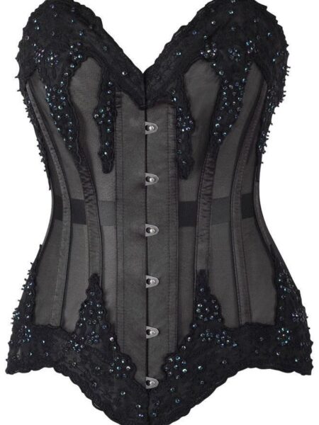 LIMITED EDITION Top Drawer Sheer Black Mesh & Beaded Steel Boned Overbust Corset