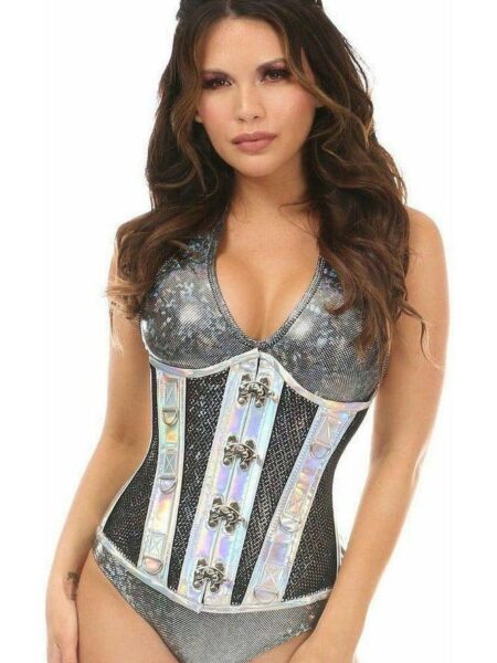 Top Drawer Silver Holo & Black Fishnet Steel Boned Under Bust Corset — Pleasure Zone Houston