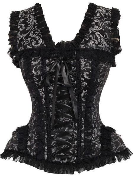 LIMITED EDITION Top Drawer Silver/Black Swirl Brocade & Lace Steel Boned Corset w/Cap Sleeves — Pleasure Zone Houston