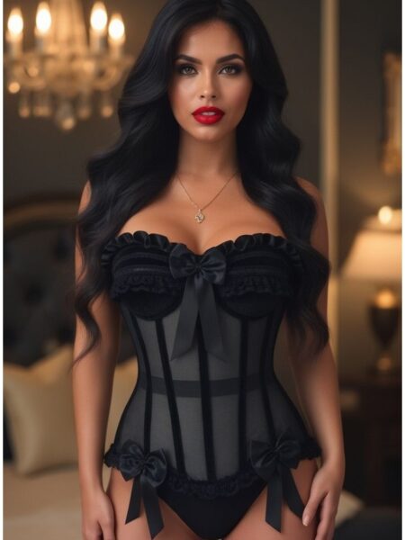 Top Drawer Steel Boned Black Mesh & Velvet Underwire Bustier Corset