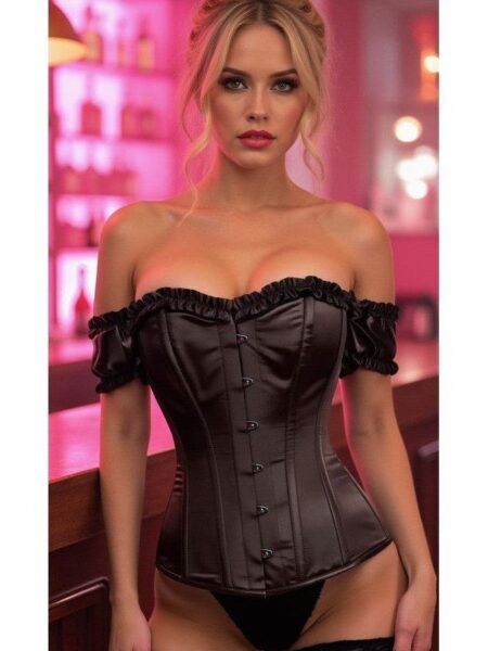 Top Drawer Steel Boned Black Satin Overbust Corset w/Sleeves
