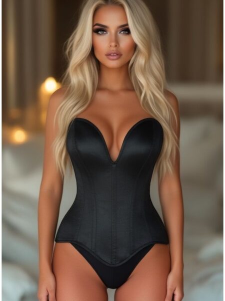 Top Drawer Steel Boned Black Satin Plunge Neckline Overbust Corset