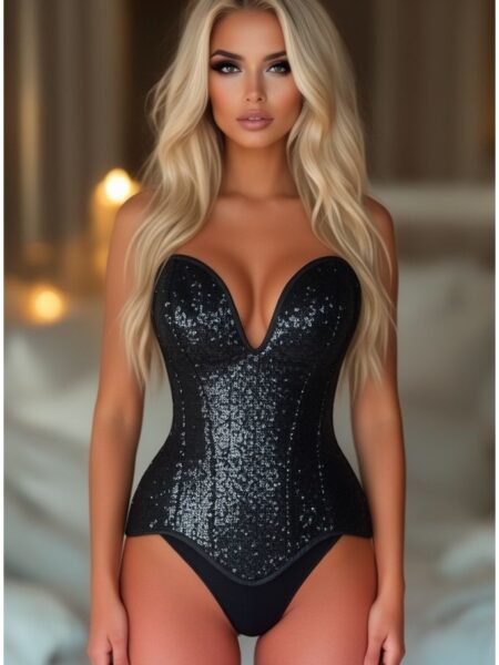 Top Drawer Steel Boned Black Sequin Plunge Neckline Overbust Corset — Pleasure Zone Houston