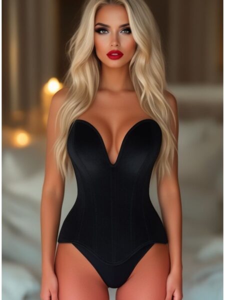 Top Drawer Steel Boned Black Velvet Plunge Neckline Overbust Corset