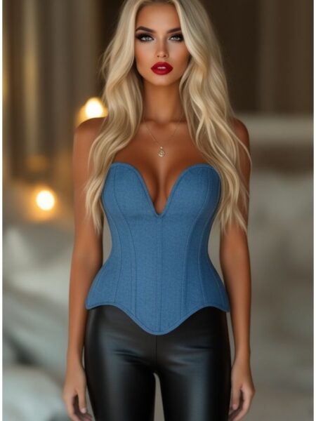 LIMITED EDITION Top Drawer Steel Boned Blue Denim Plunge Neckline Overbust Corset