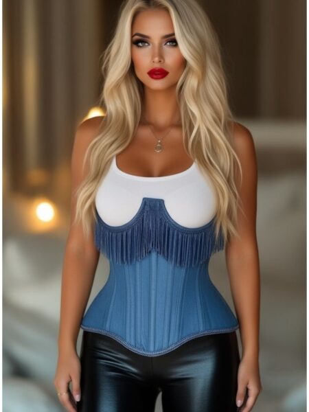 LIMITED EDITION Top Drawer Steel Boned Blue Denim Underwire Underbust Corset Cincher w/Fringe