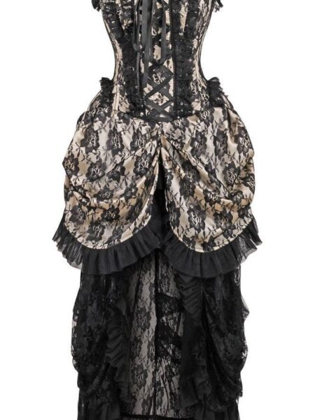 LIMITED EDITION Top Drawer Steel Boned Cream w/Black Lace Bustle Corset Dress — Pleasure Zone Houston