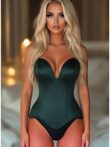 Top Drawer Steel Boned Dark Green Satin Plunge Neckline Overbust Corset