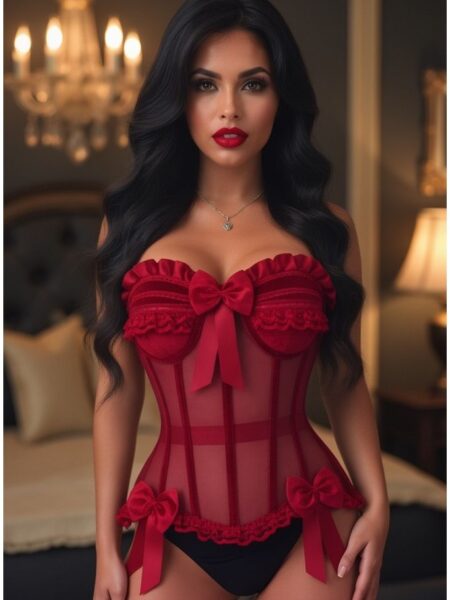 Top Drawer Steel Boned Dark Red Mesh & Velvet Underwire Bustier Corset