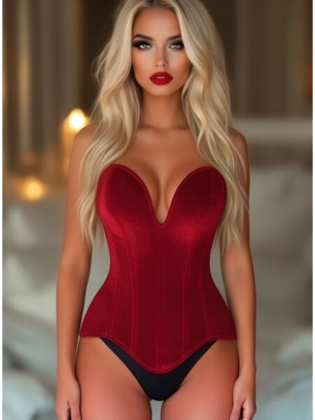 Top Drawer Steel Boned Dark Red Velvet Plunge Neckline Overbust Corset