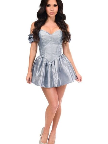 Top Drawer Steel Boned Dusty Blue Brocade & Taffeta Corset Dress — Pleasure Zone Houston