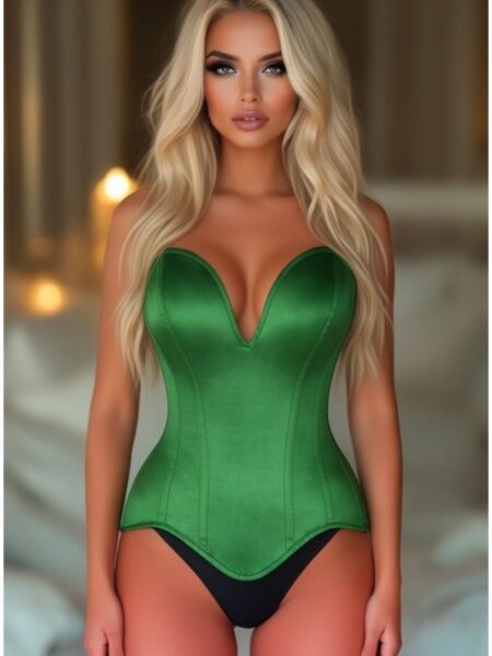 Top Drawer Steel Boned Green Satin Plunge Neckline Overbust Corset