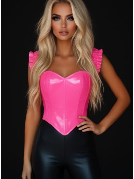 LIMITED EDITION Top Drawer Steel Boned Hot Pink Patent Ruffle Sleeve Bustier Corset — Pleasure Zone Houston