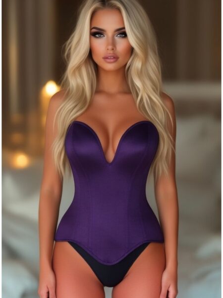 Top Drawer Steel Boned Plum Satin Plunge Neckline Overbust Corset