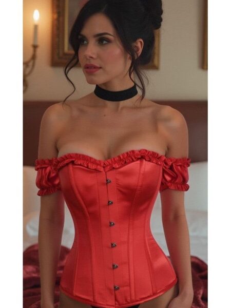 LIMITED EDITION Top Drawer Steel Boned Red Satin Overbust Corset w/Sleeves — Pleasure Zone Houston