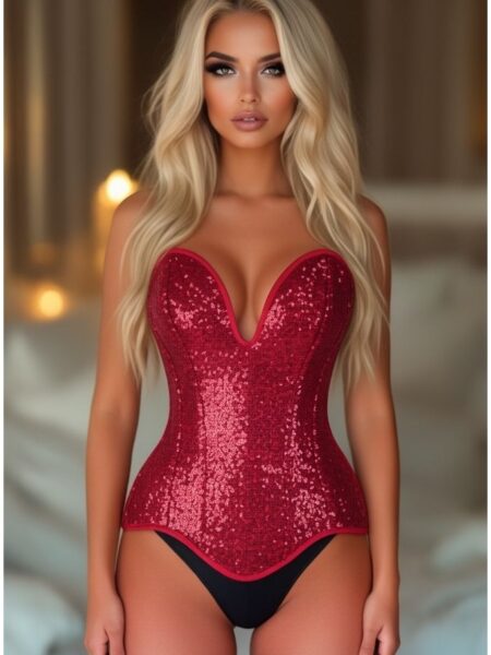 Top Drawer Steel Boned Red Sequin Plunge Neckline Overbust Corset — Pleasure Zone Houston